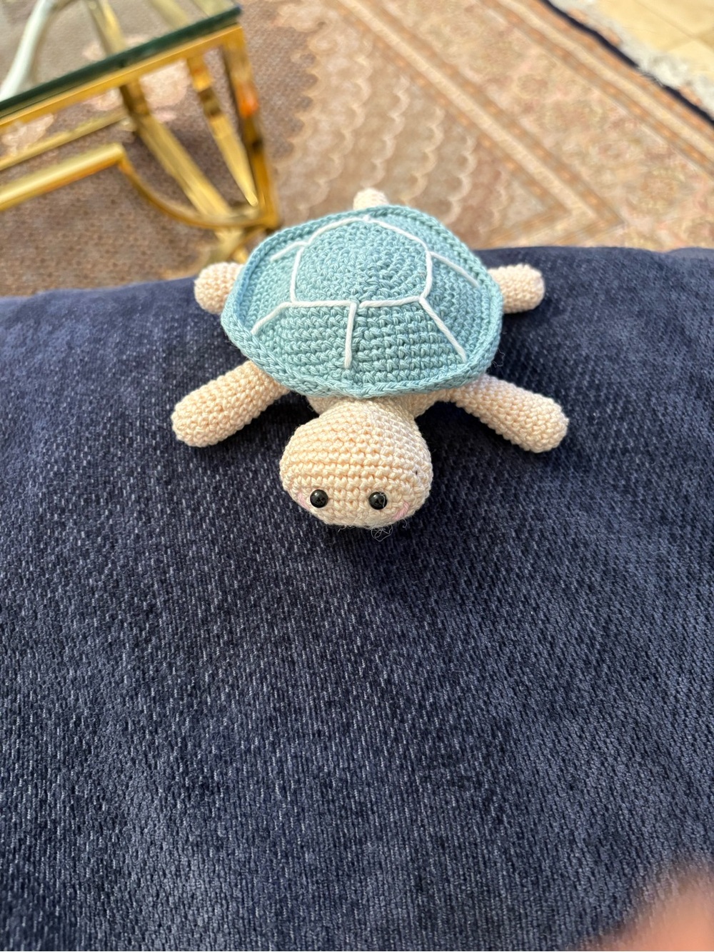 Handmade Blue & Cream Crochet Turtle Toy for Small Pets